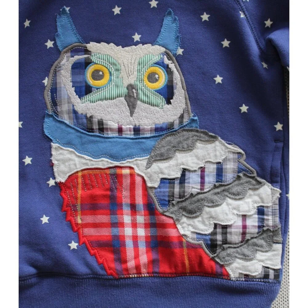 MINI BODEN Patchwork Applique Owl Stars Hoodie Sweatshirt, Size 4 - 5 - Picture 2 of 11